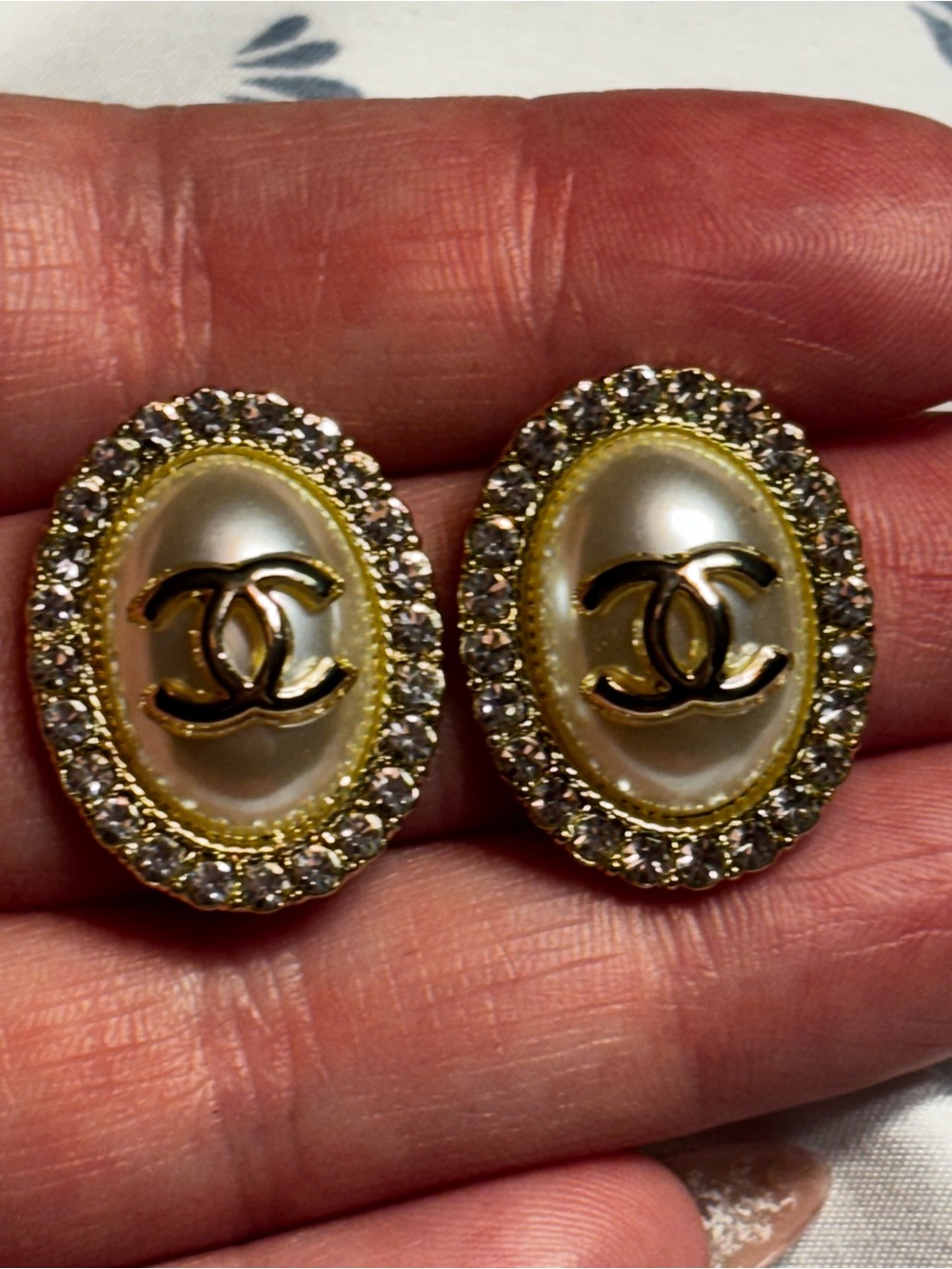 New !  Gold-Tone Pearl Oval Crystal Logo Earrings